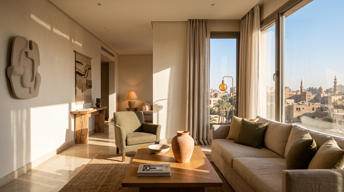 Contemporary Cairo living room filled with strong afternoon sunlight, featuring warm-toned decor and matte textured surfaces