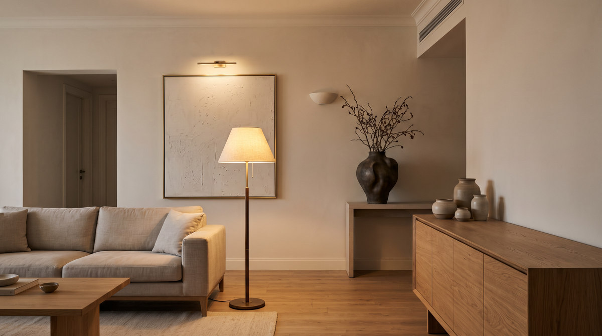 Contemporary Cairo apartment with warm lighting, carefully chosen decor, wall art and one intentionally empty surface