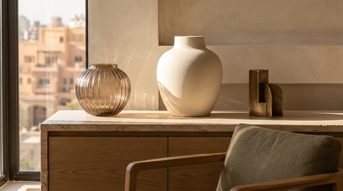 Contemporary Cairo interior with glass, matte ceramic and metal decor interacting with strong afternoon sunlight
