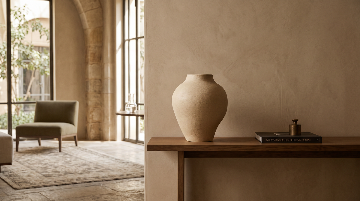 Sculptural matte ceramic vase displayed alone on a contemporary console in a warm Egyptian interior