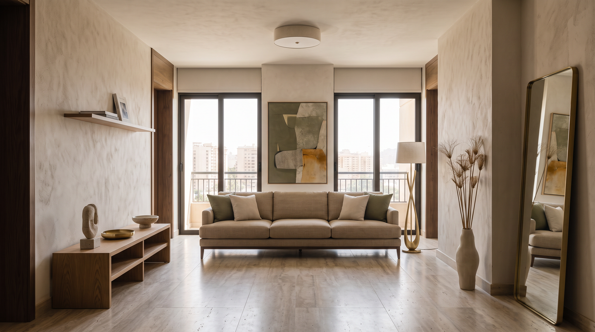 Compact contemporary Egyptian living room with carefully scaled furniture, open floor space and a large focal artwork