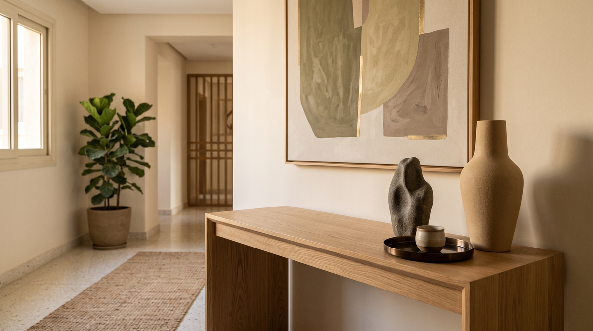 Contemporary Cairo console styled with three decorative objects at different heights, one-third empty surface and wall art above