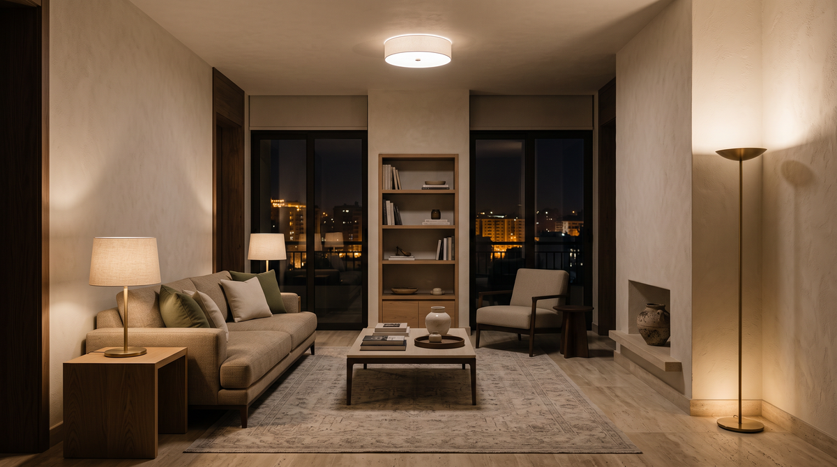 Contemporary Egyptian living room with layered warm lighting from ceiling, table and floor-level sources