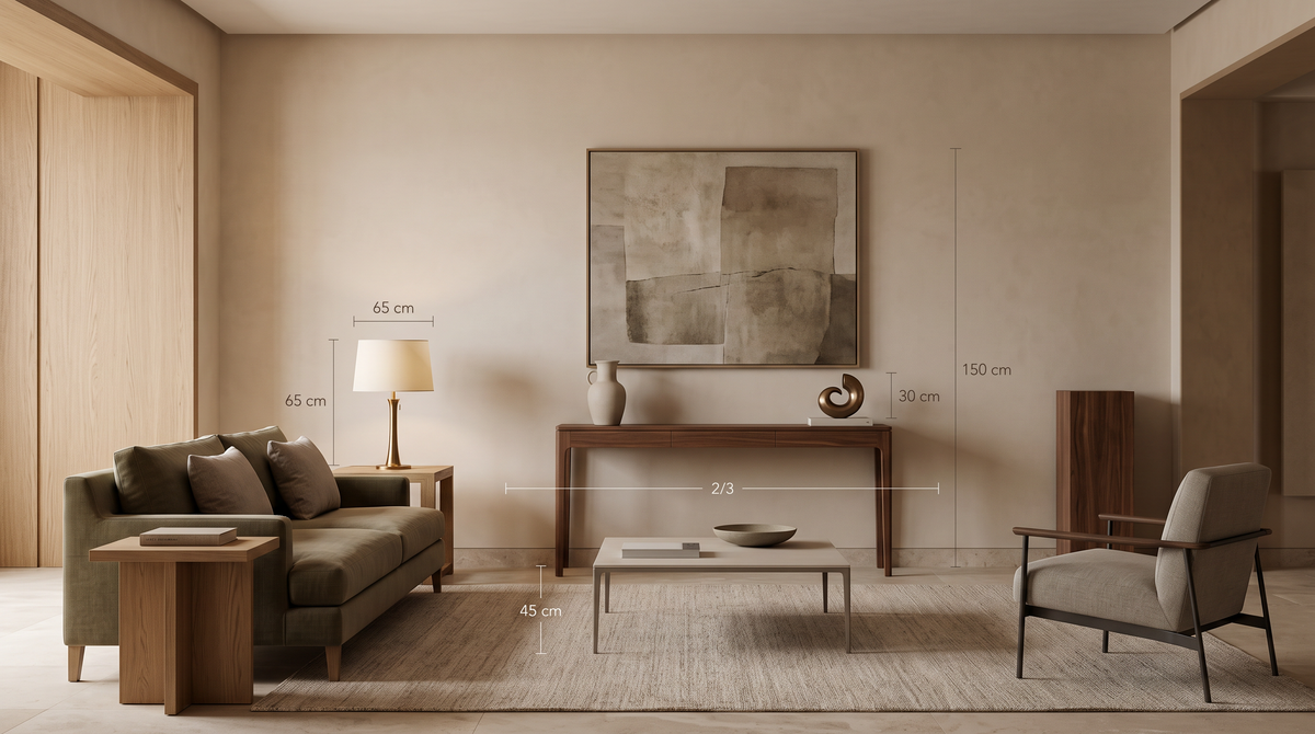 Contemporary Cairo apartment with carefully proportioned furniture, table lamp, console decor, coffee table and wall art
