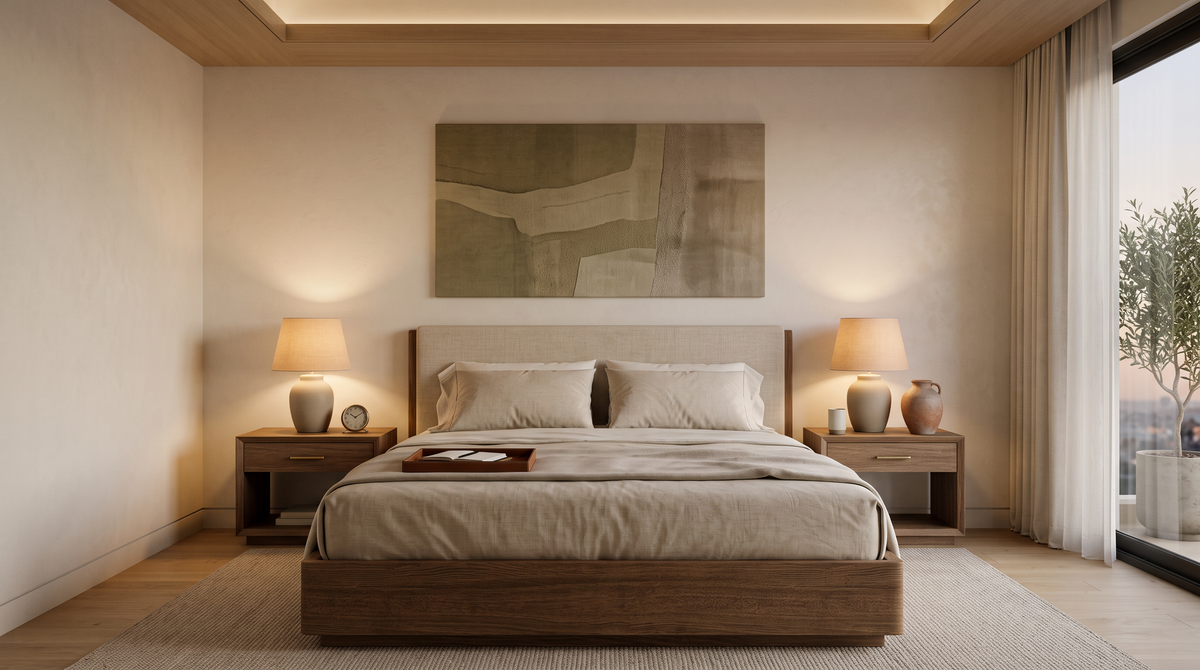 غرفة نوم مصرية عصرية بإضاءة دافئة بجانب السرير وخطوط بسيطة وديكور minimal وقطعة خزفية ملمسية