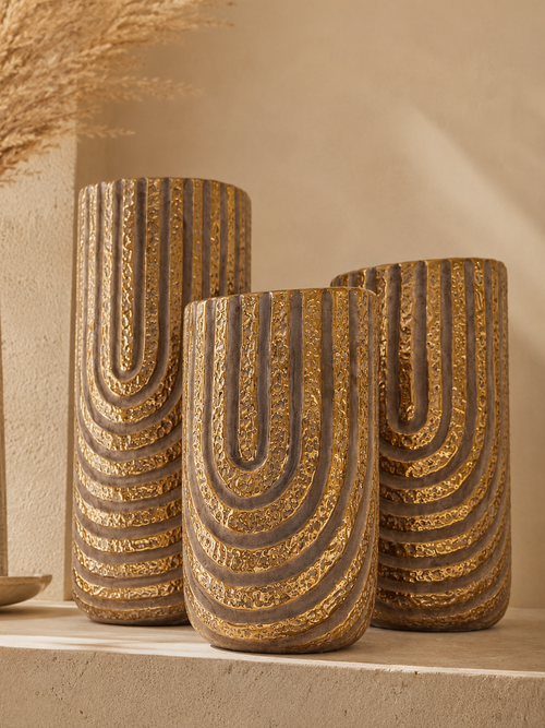 Aurelia Cascade Vase Set in metal, part of the Nilvara selection