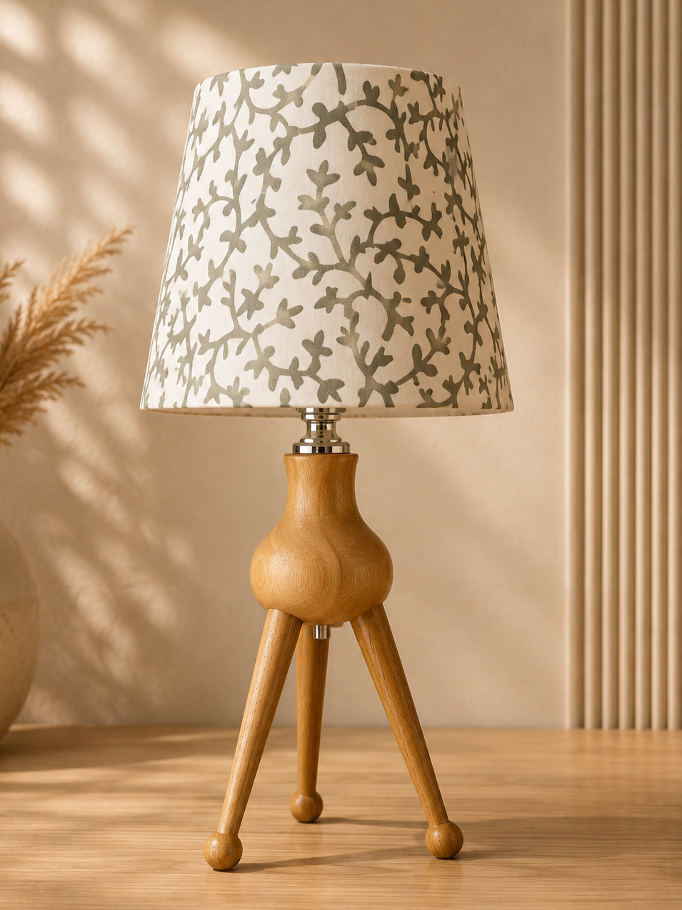 Tripod Table Lamp in warm natural wood finish, part of the Nilvara selection