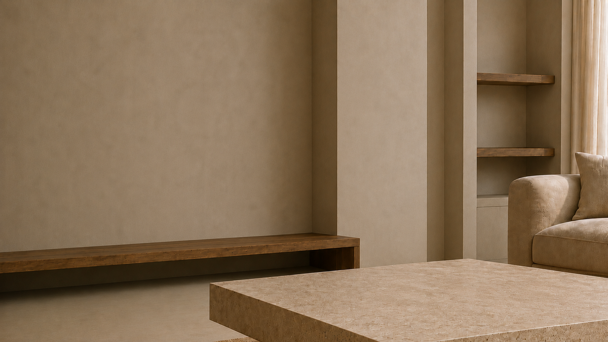 A living room corner with a bare console, an empty shelf and nothing on the wall