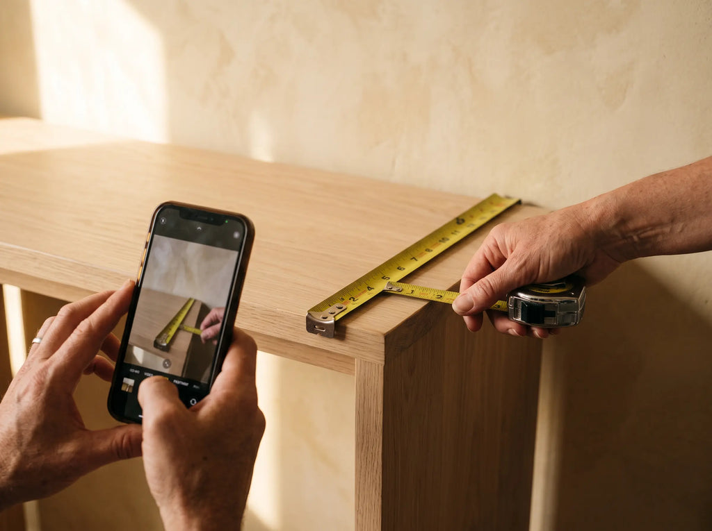 Two hands measuring the depth of a pale oak console with a tape measure, while a phone photographs the same surface